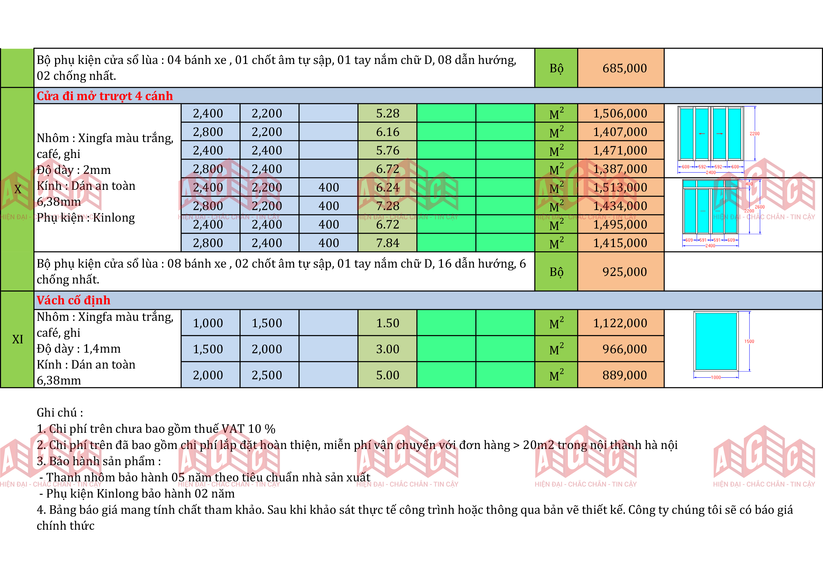 Báo giá cửa đi, cửa sổ nhôm Xingfa 1 cánh, 2 cánh 4 cánh
